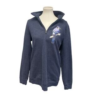 Hand Printed Upcycled Mens Small Blue Jay Bird Long Sleeve 1/4" Zip Pullover